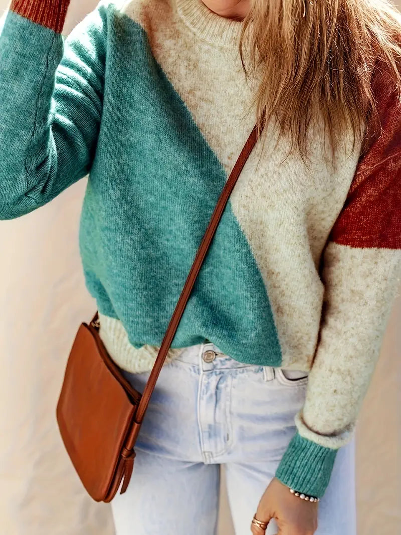 Barbara | Ciepły Sweter Patchwork z Kolorowymi Panelami