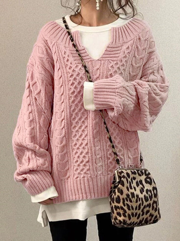 Sweter Oversize w Warkocze z Dekoltem V