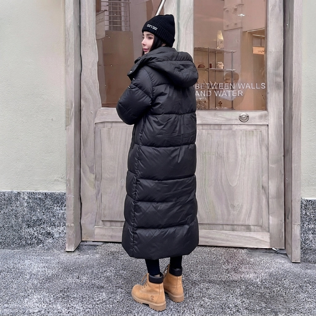Damski Długi Płaszcz Puchowy Oversize z Kapturem