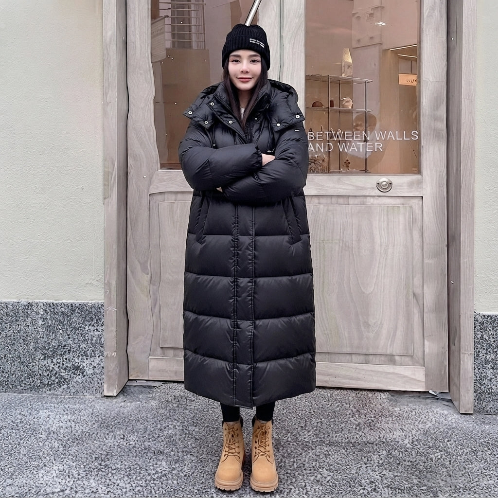 Damski Długi Płaszcz Puchowy Oversize z Kapturem
