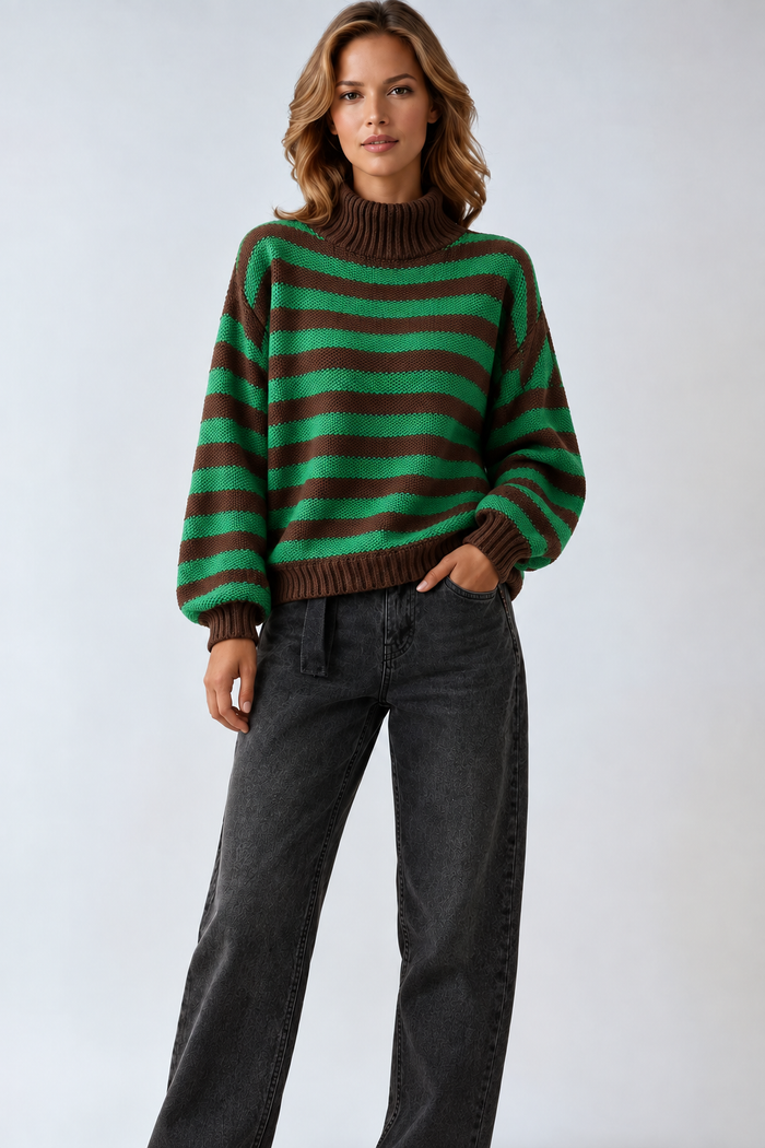 Oversizeowy Sweter Damski z Golfem w Paski