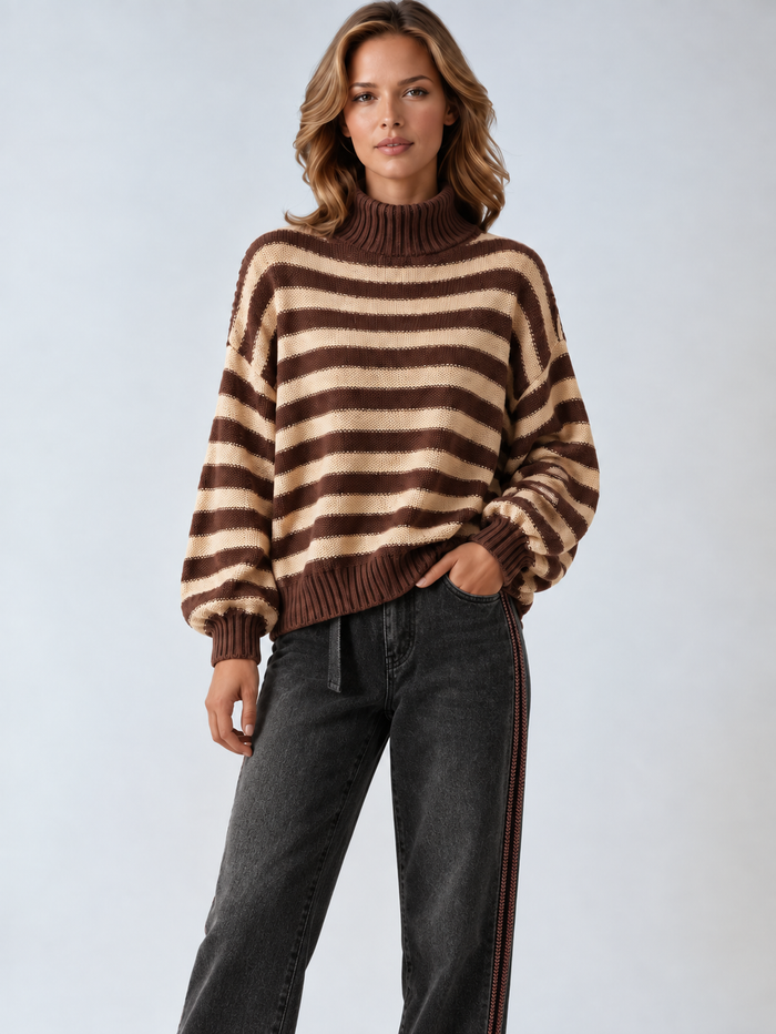 Oversizeowy Sweter Damski z Golfem w Paski