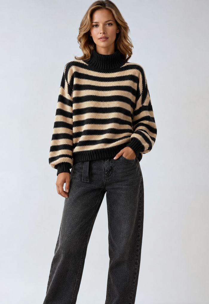Damski Oversizeowy Sweter z Golfem w Paski