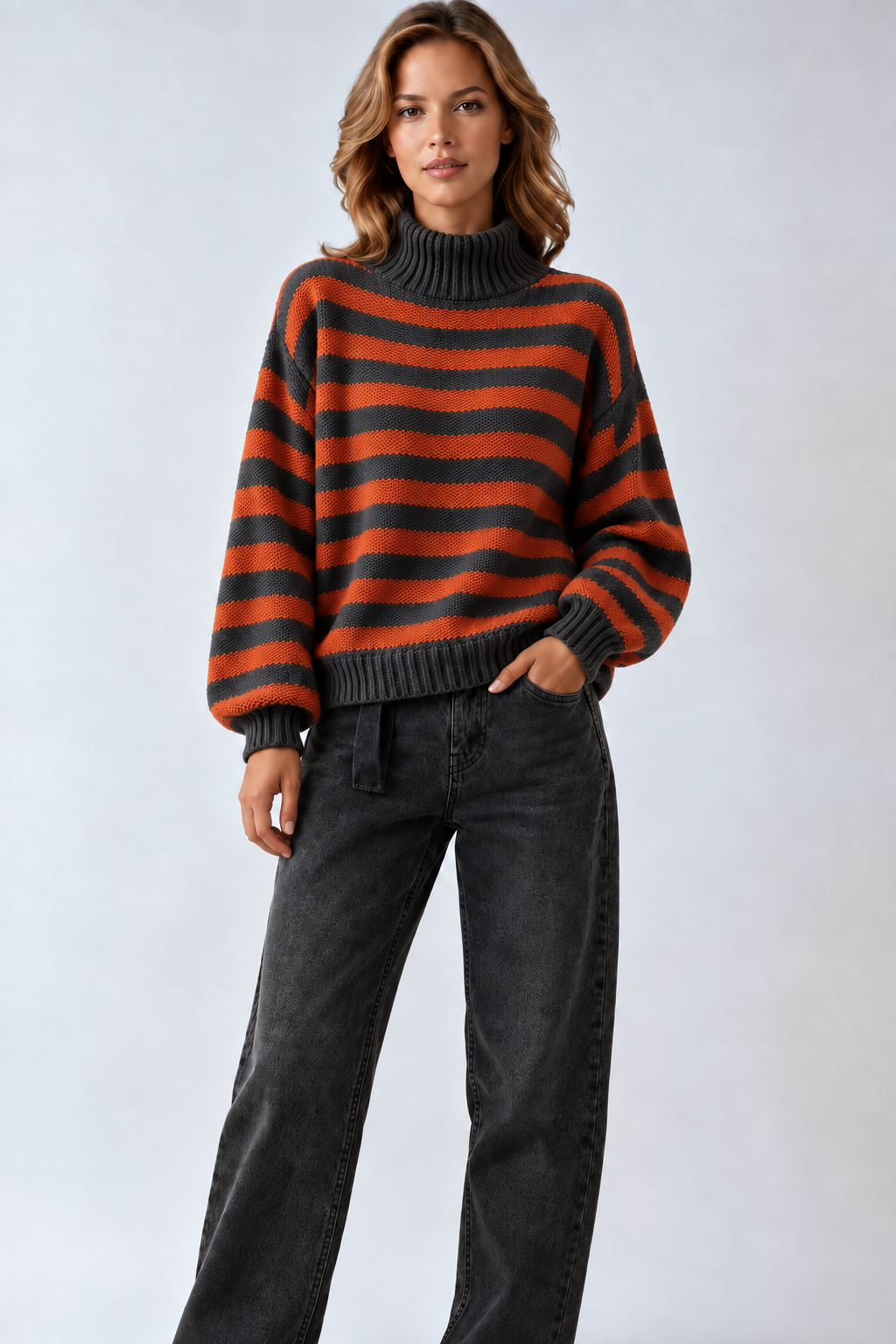 Damski Oversizeowy Sweter z Golfem w Paski