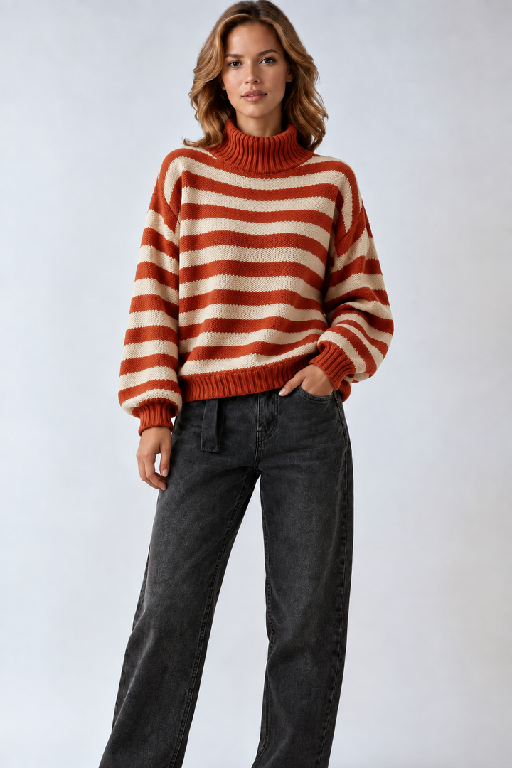 Damski Oversizeowy Sweter z Golfem w Paski