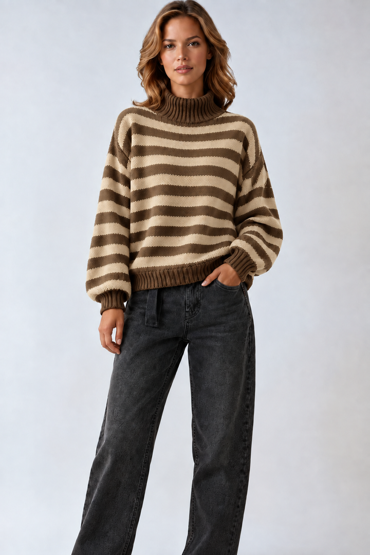 Damski Oversizeowy Sweter z Golfem w Paski