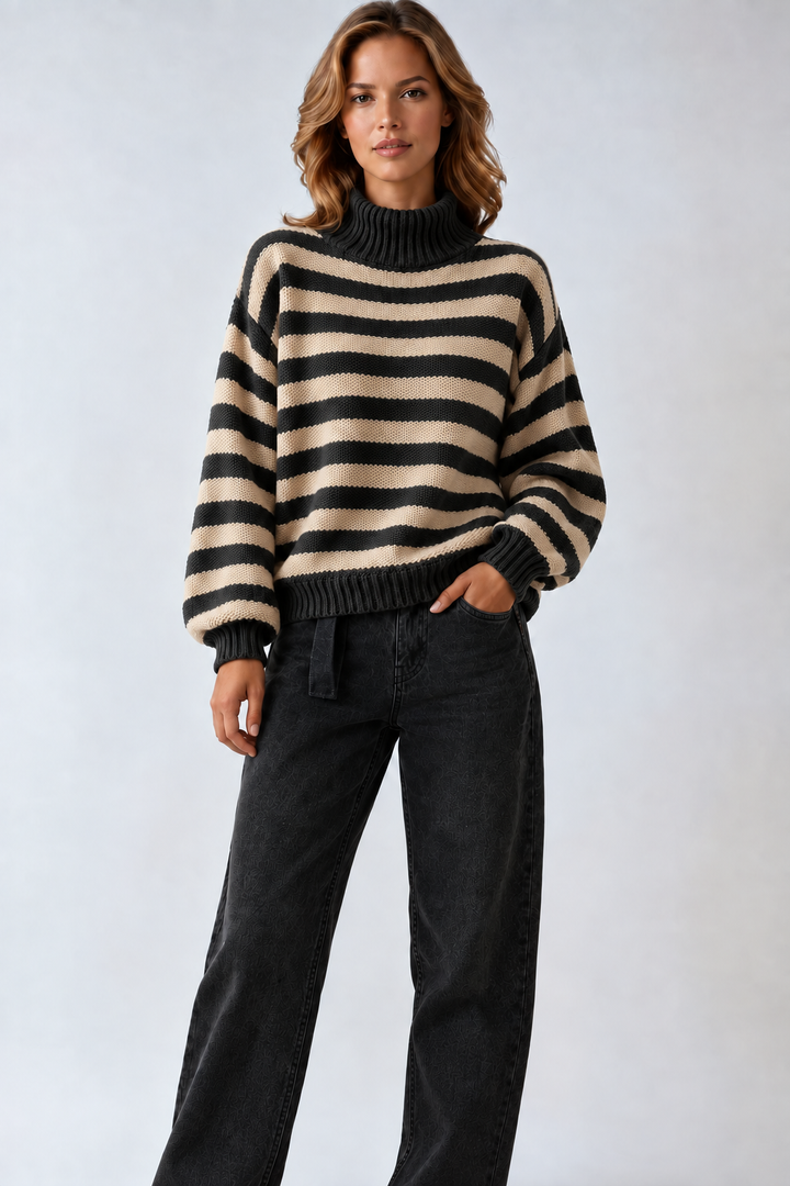 Damski Oversizeowy Sweter z Golfem w Paski