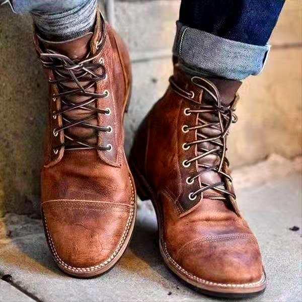 Męskie Skórzane Buty Sznurowane z Wysoką Cholewką