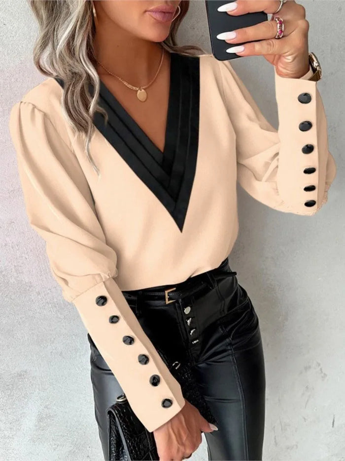 Long-Sleeved V-Neck Contrast Blouse - Genevieve