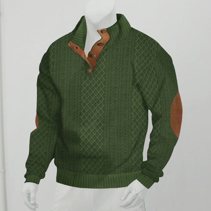 Męski Sweter Henley ze Splotem w Warkocze i Skórzanymi Detalami