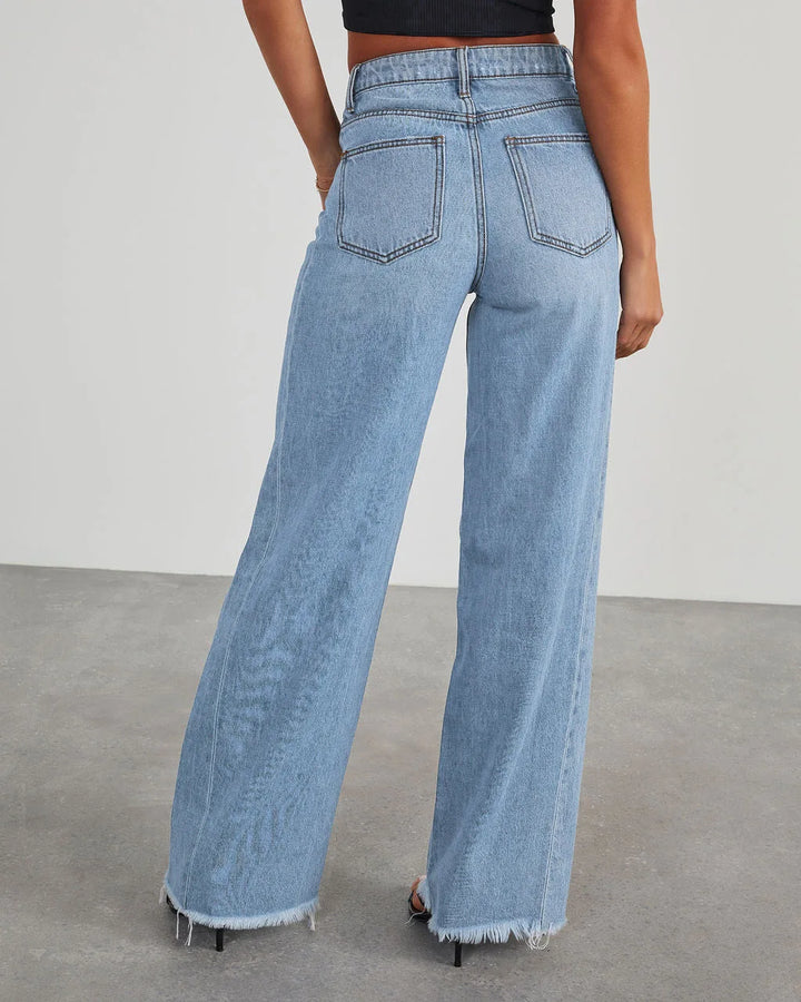 Monika | Stylowe szare jeansy damskie wide leg z nieobszytym dołem