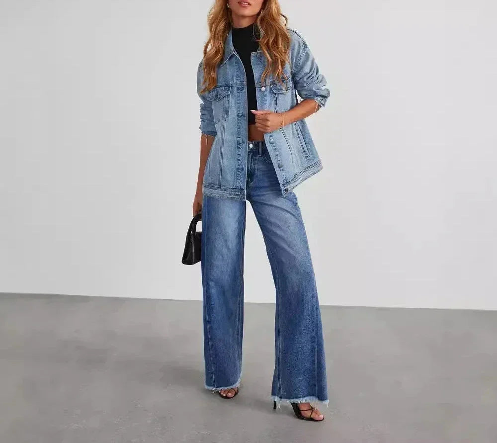 Monika | Stylowe szare jeansy damskie wide leg z nieobszytym dołem