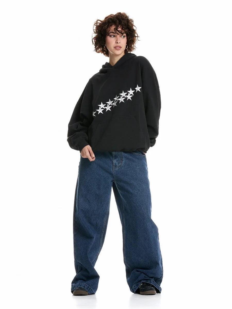 Nikola | Bluza Oversize z Kapturem i Nadrukiem Gwiazd