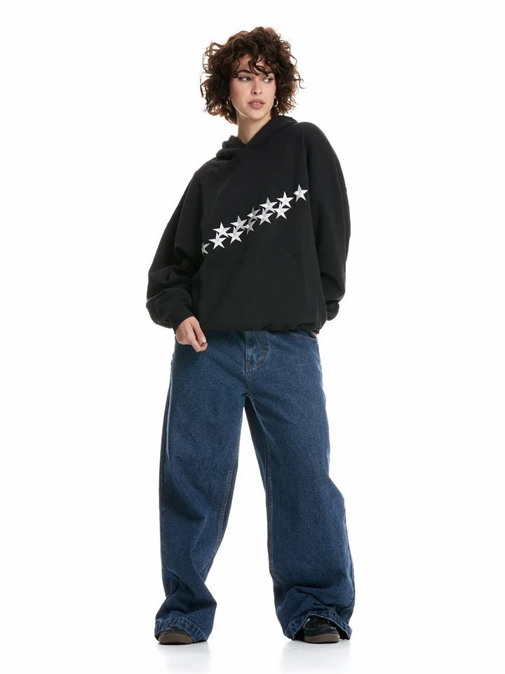 Nikola | Bluza Oversize z Kapturem i Nadrukiem Gwiazd