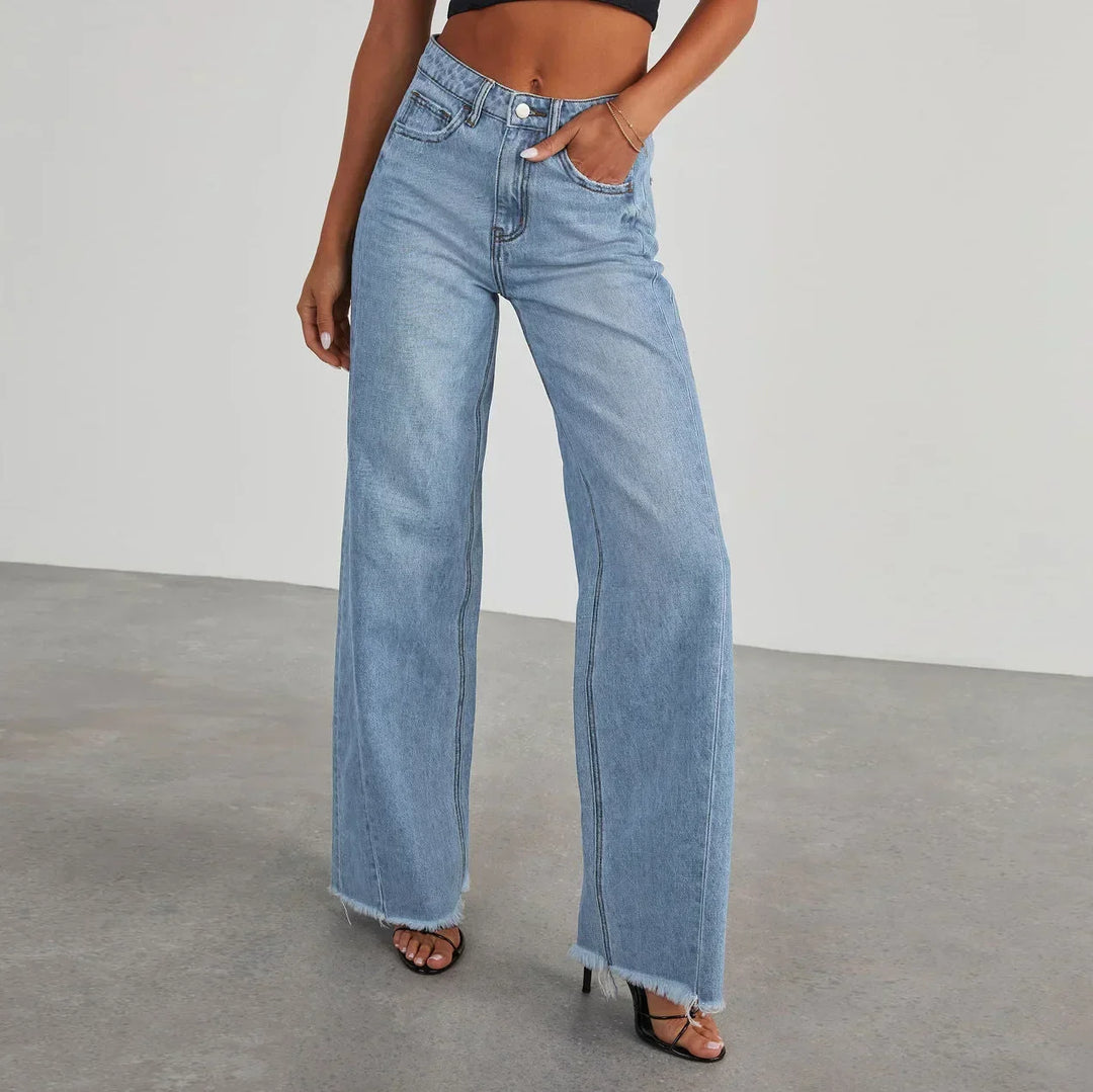 Monika | Stylowe szare jeansy damskie wide leg z nieobszytym dołem
