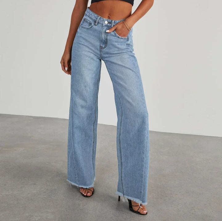 Monika | Stylowe szare jeansy damskie wide leg z nieobszytym dołem