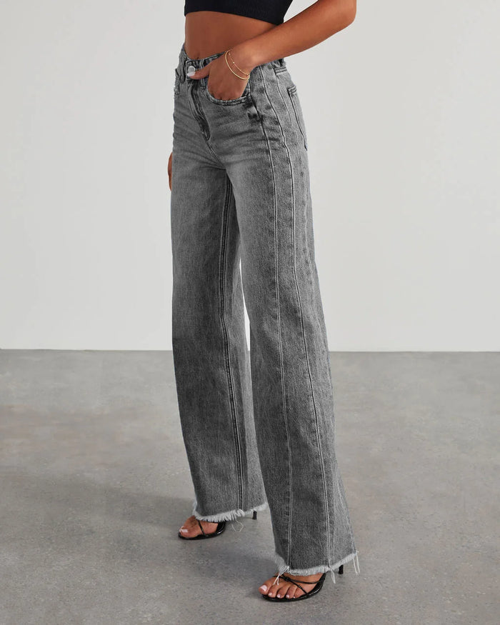 Monika | Stylowe szare jeansy damskie wide leg z nieobszytym dołem