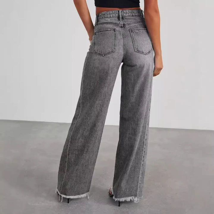 Monika | Stylowe szare jeansy damskie wide leg z nieobszytym dołem