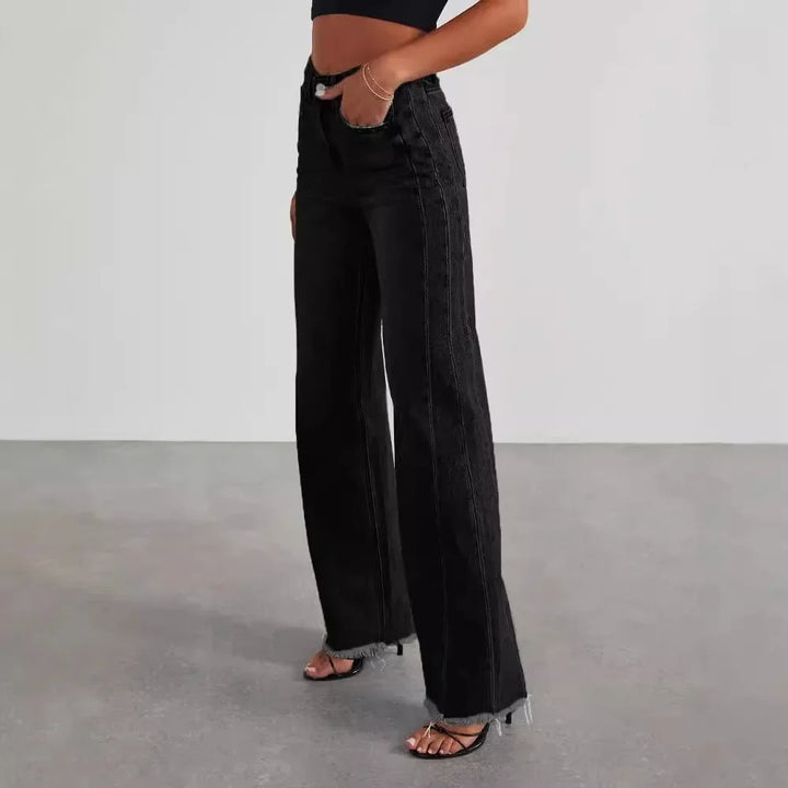 Monika | Stylowe szare jeansy damskie wide leg z nieobszytym dołem