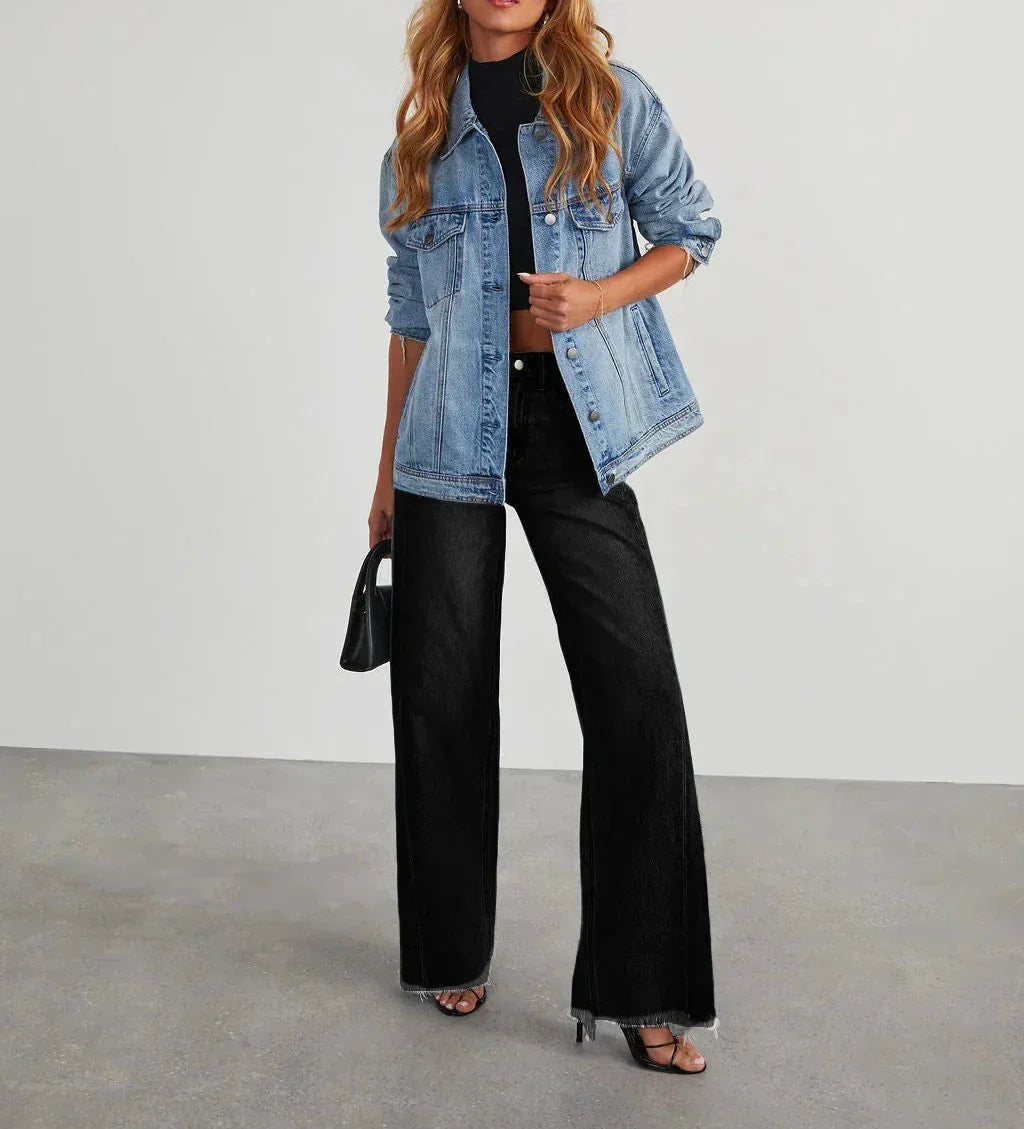 Monika | Stylowe szare jeansy damskie wide leg z nieobszytym dołem