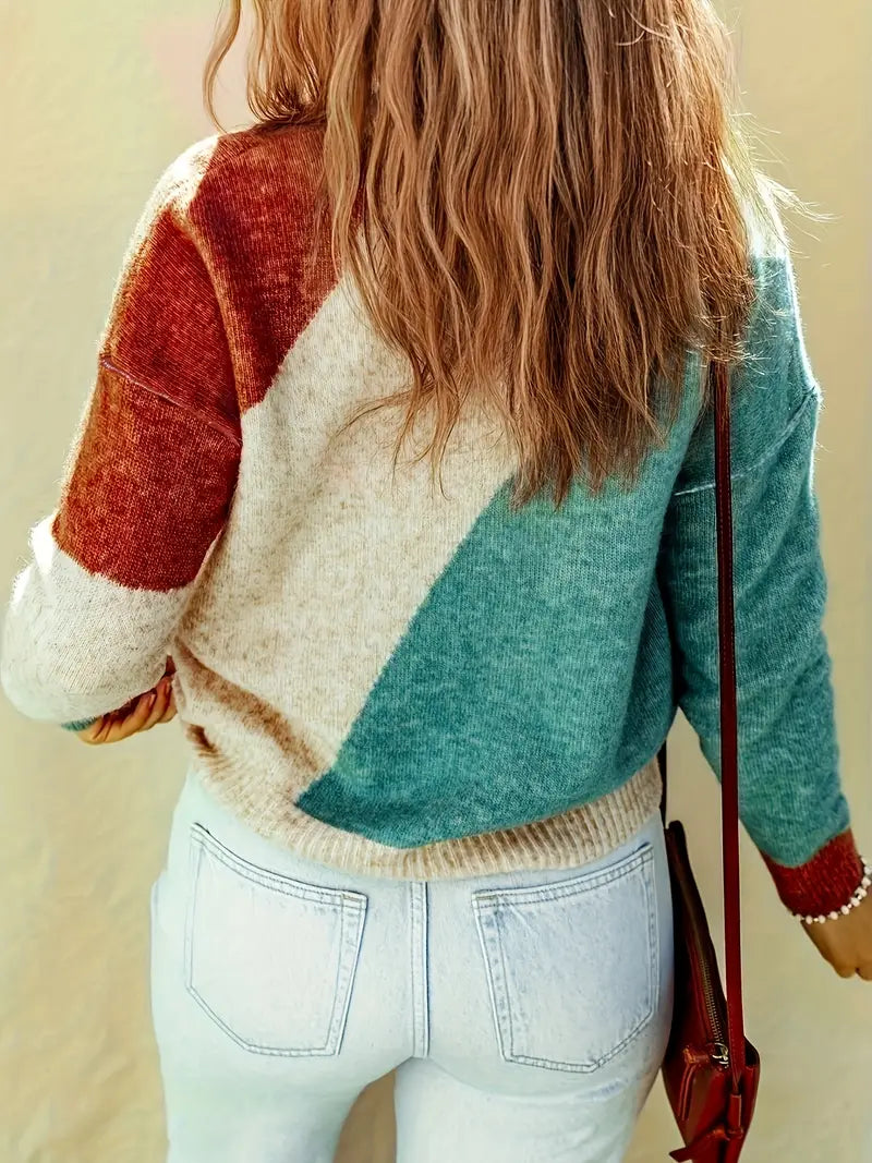 Barbara | Ciepły Sweter Patchwork z Kolorowymi Panelami